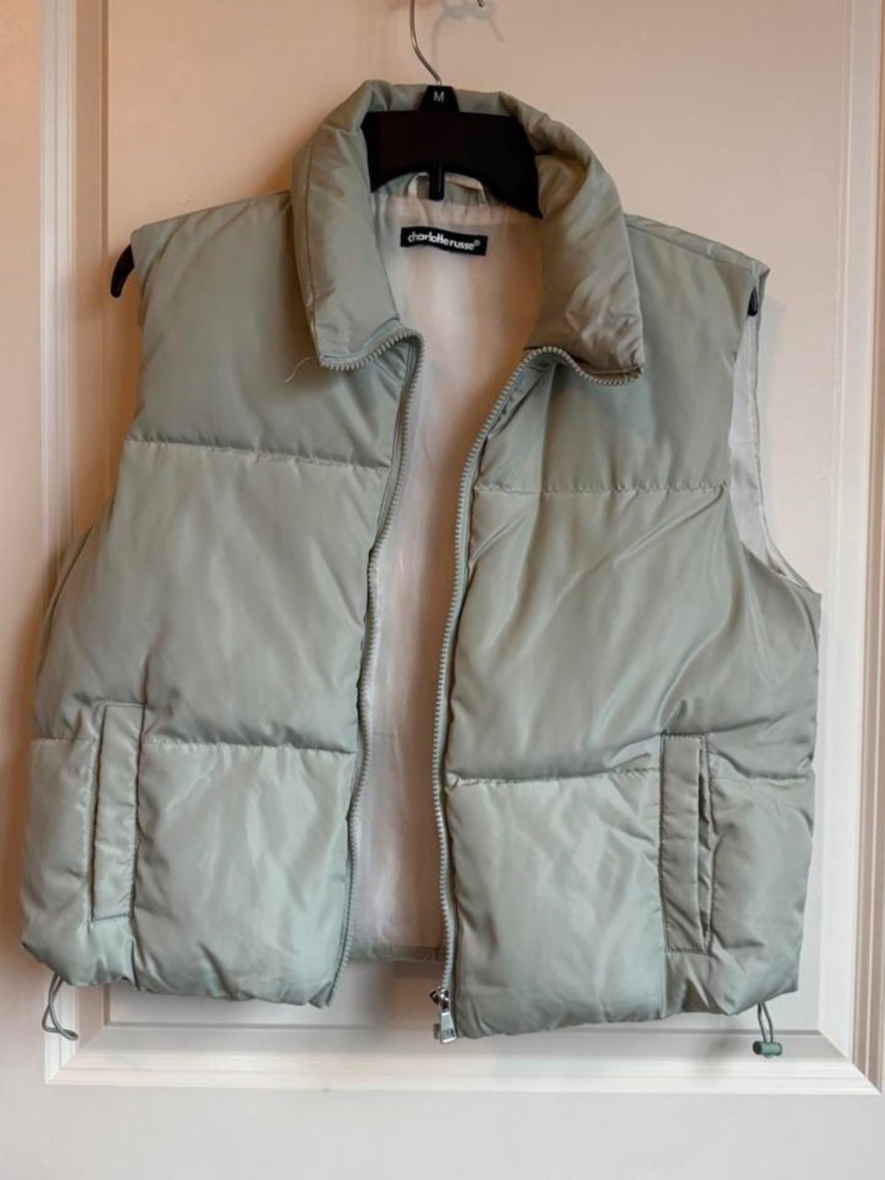 Charlotte russe light green puffer vest, size small